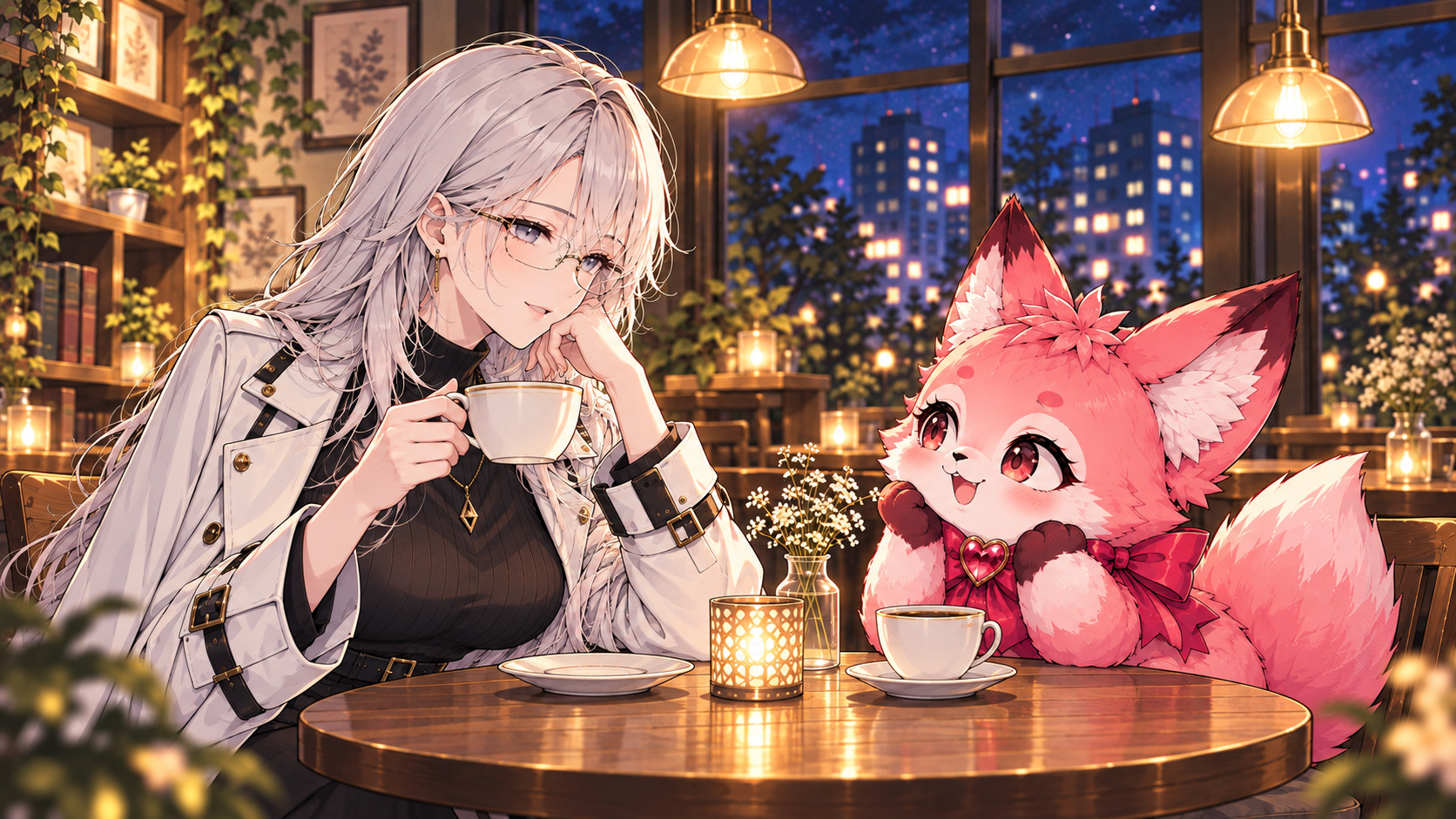 カフェで話す案内キャラクター。左が白髪・眼鏡・白コートのコイト、右がピンクの狐のココロ